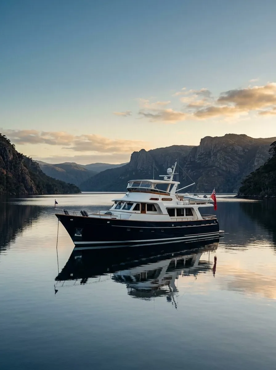 Yacht im Profil vor einer Bucht